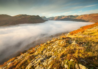 Mist covering Ullswater at dawn, shot from Gowbarrow Fell