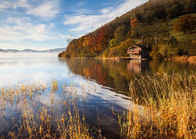 The Duke Of Portalnd boathouse on a November morning at Ullswater in the Lake District