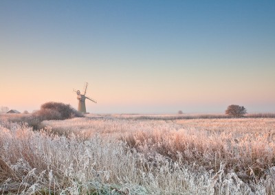 St Benet's Drainage Mill at first light following a winter hoarfrost on the Norfolk Broads