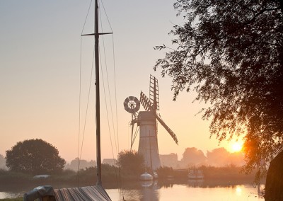 Thurne Drainage Mill on a misty morning on the Norfolk Broads