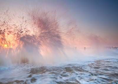 Happisburgh beach and the derelict sea defences captured at first light on the Norfolk Coast