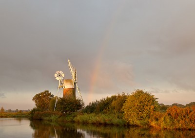 Stormy morning light over Turf Fen windpump on the Norfolk Broads