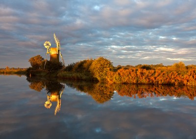 Stormy morning light over Turf Fen windpump on the Norfolk Broads