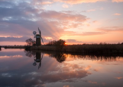 Turf Fen Drainage Mill at sunset on the Norfolk Broads