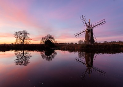 Turf Fen windpump at sunset on the River Ant, Norfolk Broads