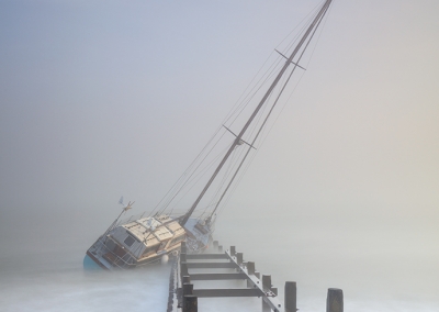 Stricken Yacht in the fog at Cart Gap on the Norfolk Coast