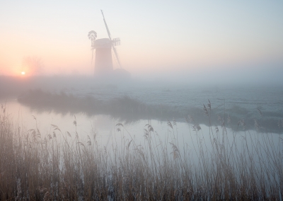 Horsey Windpump at sunrise on the Norfolk Broads.