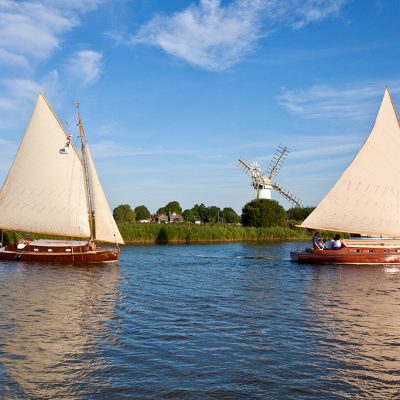 The Historic traditional Hunters Sailing boats on the River Thurne, Norfolk Broads