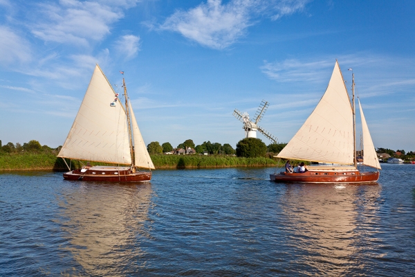 The Historic traditional Hunters Sailing boats on the River Thurne, Norfolk Broads