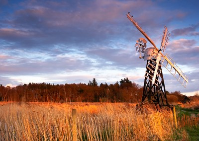 Boardmans windmill at last light on the Norfolk Broads